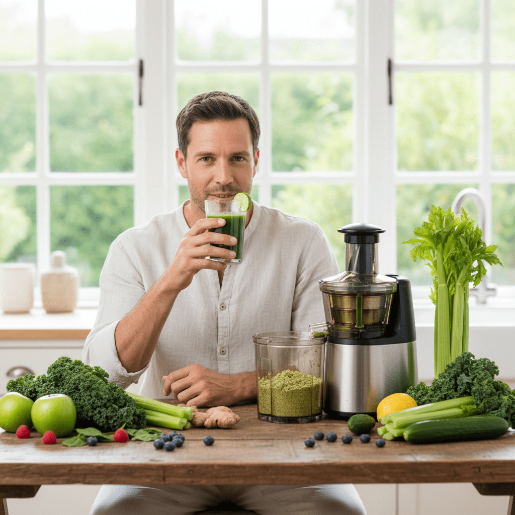 man-detoxing-uses-vegtables-and-fruits-glass-of-green-juice