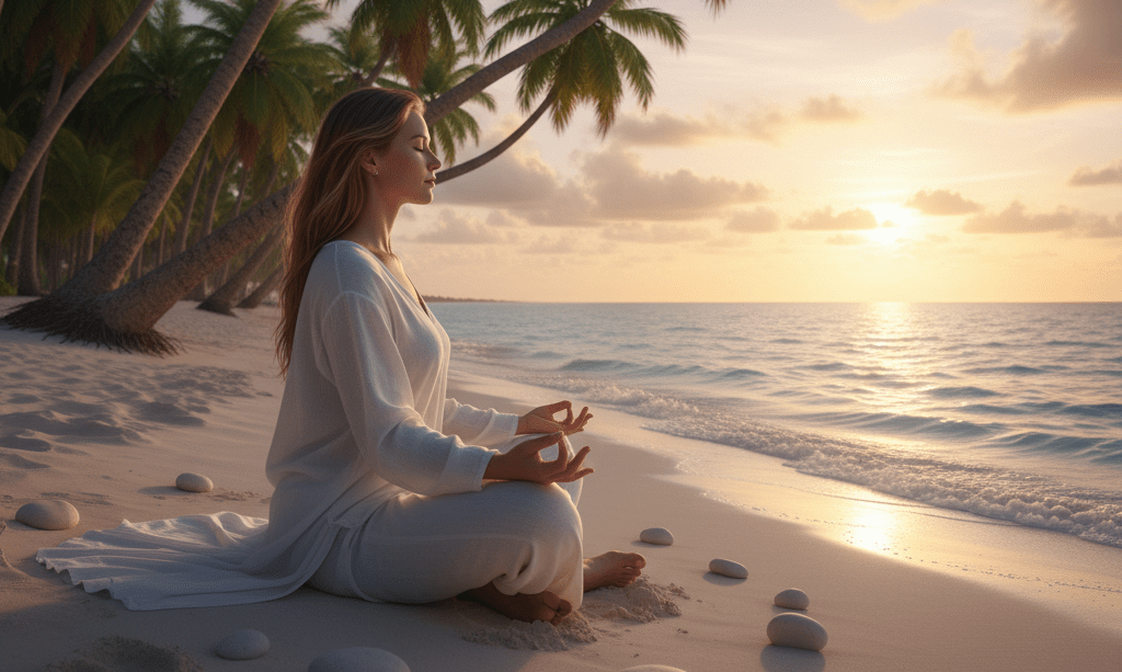woman-sat-on-a-beach-with-palm-trees-meditatin